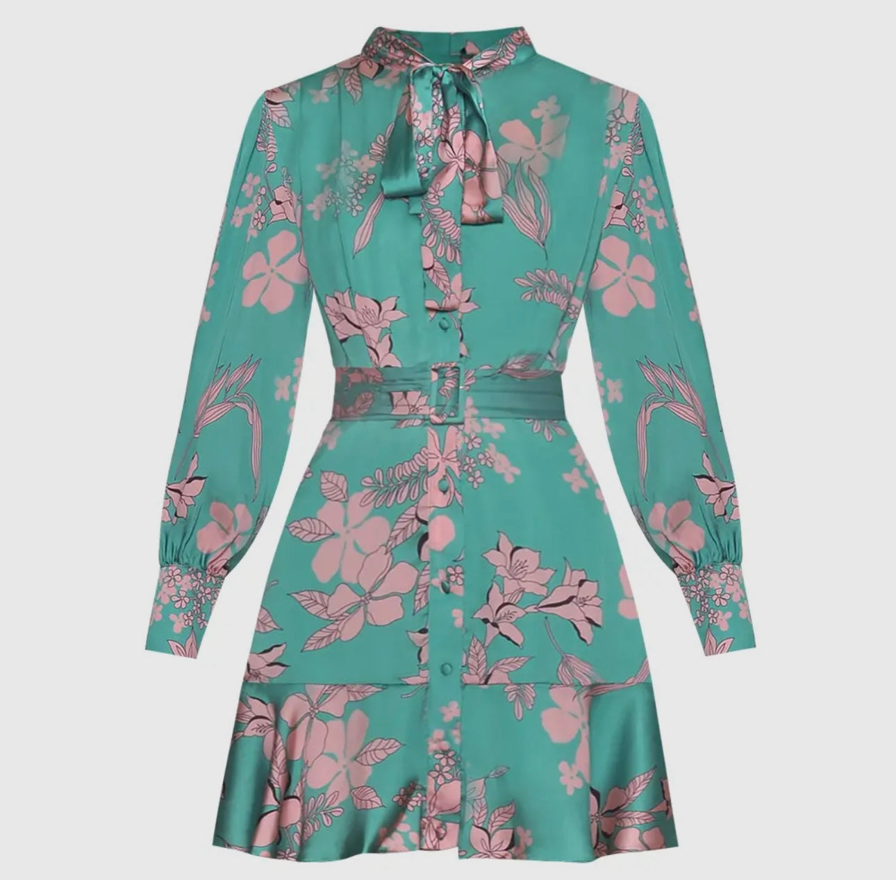 Pre-Order Green Floral Lantern-Sleeve Dress