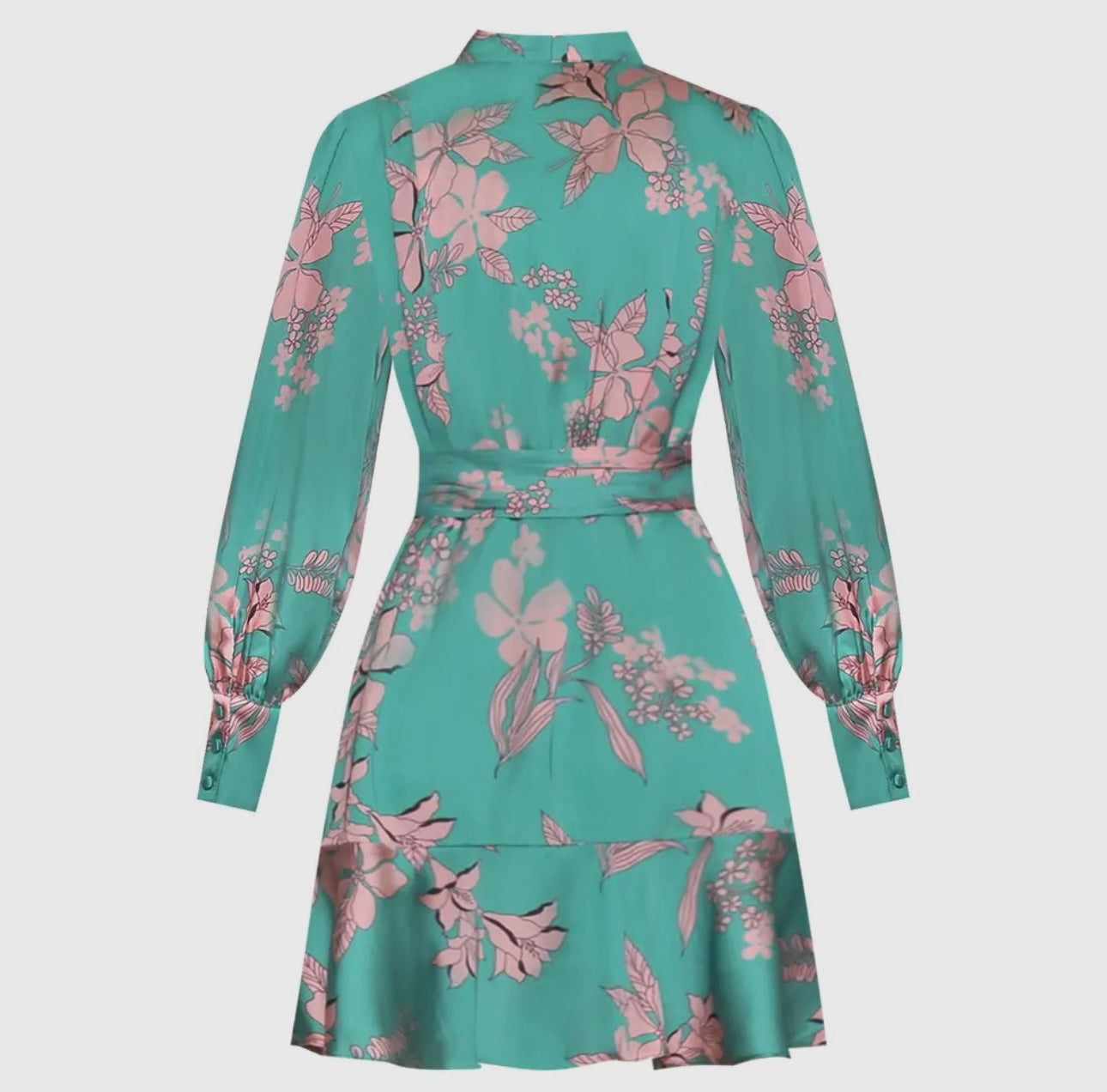 Pre-Order Green Floral Lantern-Sleeve Dress